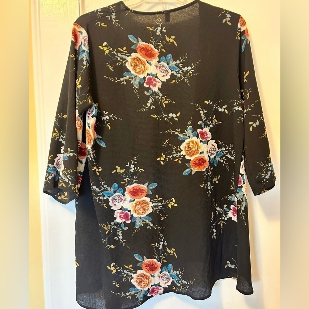 Abollria Kimono Floral Dark Blue and Pink Open Front Blouse size Large - Picture 7 of 16